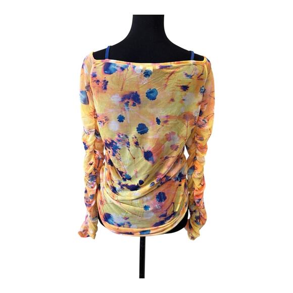 New TOPSHOP NORDSTROM Mesh Printed Long Sleeve Ruched Bardot Top Size 12 - Picture 6 of 9